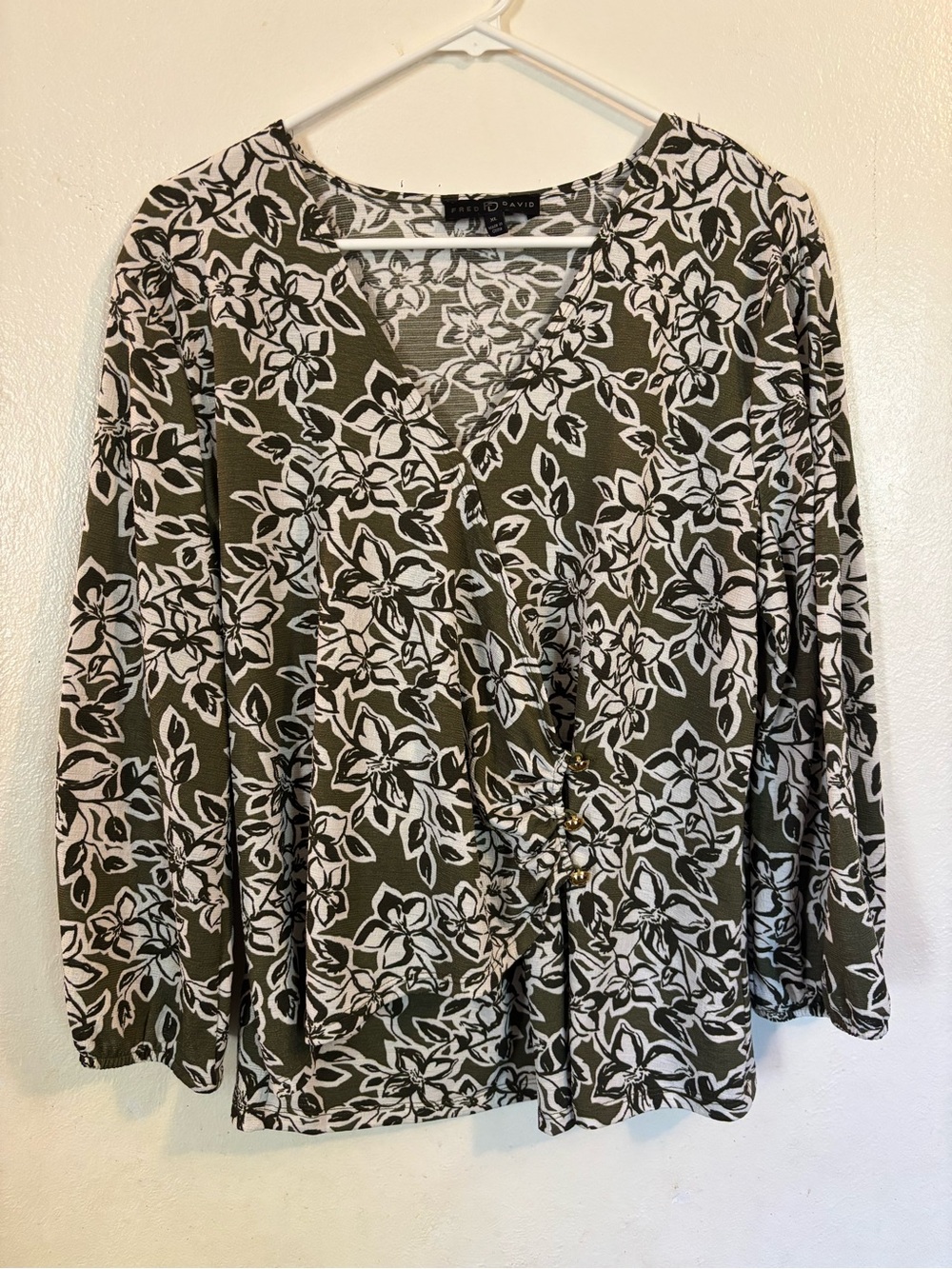 Fred David Olive Green & White Floral Long Sleeve Wrap Top